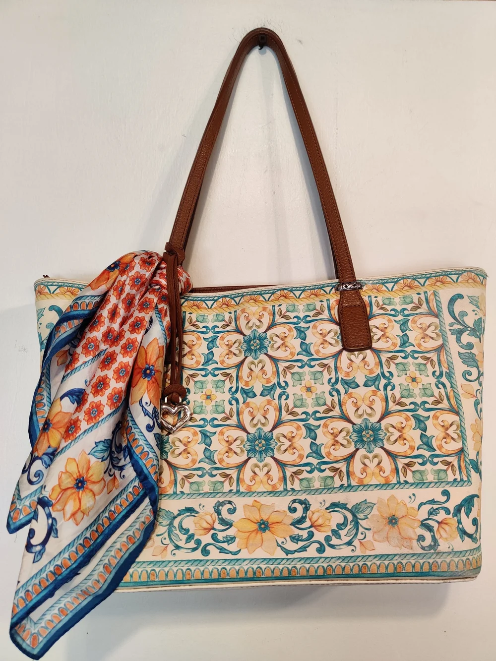Brighton Floral Tile Print Tote Bag with Brown Handles and Scarf